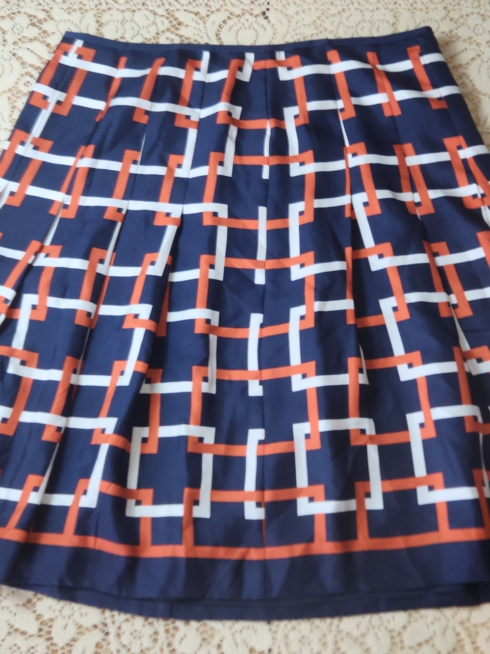 Ann Taylor Navy Circle & Skater Skirt with Orange and White Geometric Print
